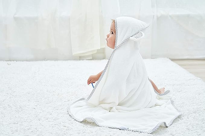 HIPHOP PANDA Hooded Towel - Rayon Made from Bamboo, Bath Towel with Bear Ears for Newborn, Babie, Toddler, Infant - Absorbent Large Baby Towel - White, 30 x 40 Inch