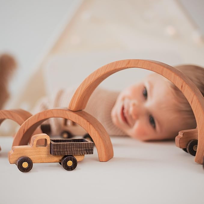 BUSY PUZZLE Wooden Toy Car and Truck Set Montessori Toys for Toddlers Handmade from Natural Wood Gift for Boys and Girls