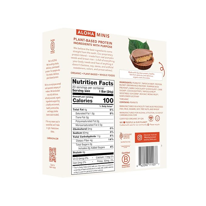 ALOHA Organic Plant Based Protein Bar MINIS |Peanut Butter Cup | 20 Count, 24g Bars | Vegan, Low Sugar, Gluten Free, Low Carb, Non-GMO, Stevia Free, Soy Free, No Sugar Alcohols
