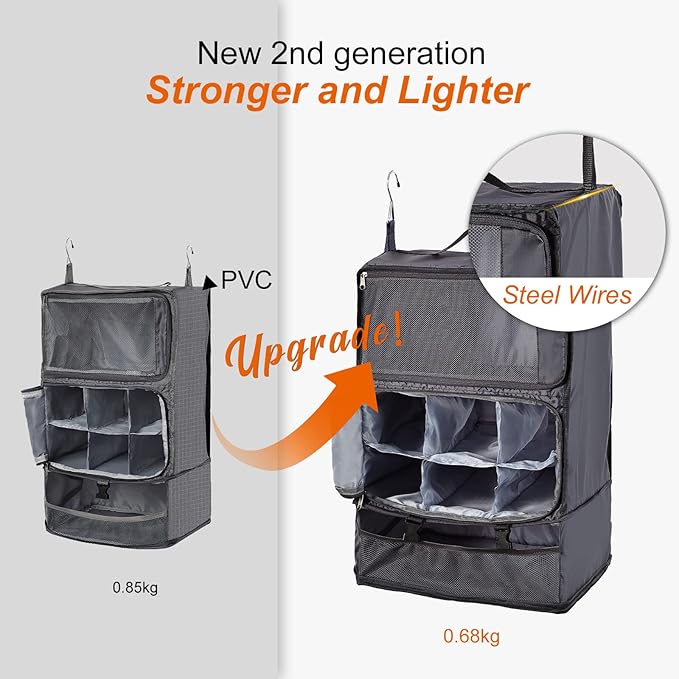 TABITORA Travel Portable Hanging Shelves Closet Organizer Packing Luggage Storage with Multifunctional and Foldable Invisible Compartment,Lightweight, for Suitcase, RV,Closet…Grey,XXL