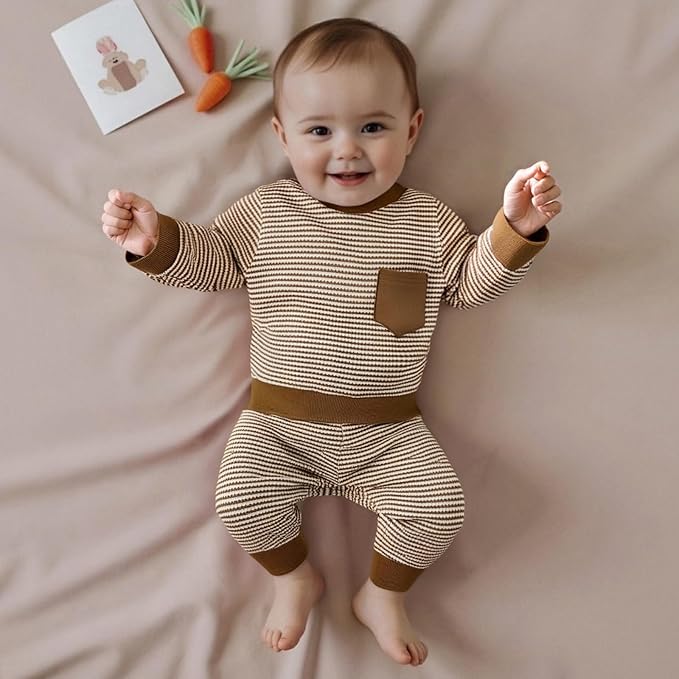 Baby Boy Toddler Fall Outfit Striped Sweatshirt Toddler Boy Winter Waffle Clothes 3 6 12 18 Months 2 3 T Pant Set