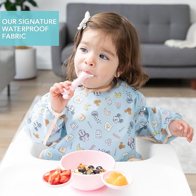 Bumkins Disney Sleeved Bib for Girl or Boy, Baby and Toddler for 6-24 Mos, Essential Must Have for Eating, Feeding, Baby Led Weaning Supplies, Long Sleeve Mess Saving Food Catcher, Mickey and Minnie
