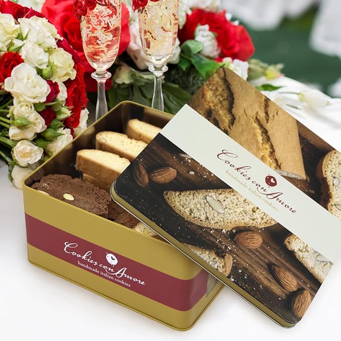 Italian Biscotti Cookie Gift Box, 2lb Square Tin of Individually Wrapped Gourmet Biscotti - Authentic Italian Cookies for Gifting, Coffee Pairing, and Elegant Celebrations
