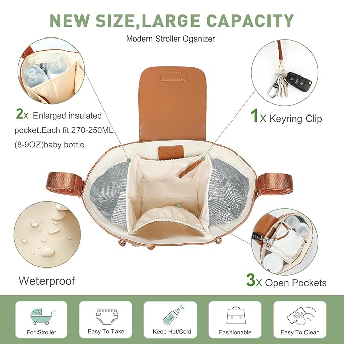 Miss Fong Stroller Organizer with Insulated Cup Holder - Stroller Accessory Bag, Caddy, Diaper Bag, Storage with Adjustable Strap (Brown)