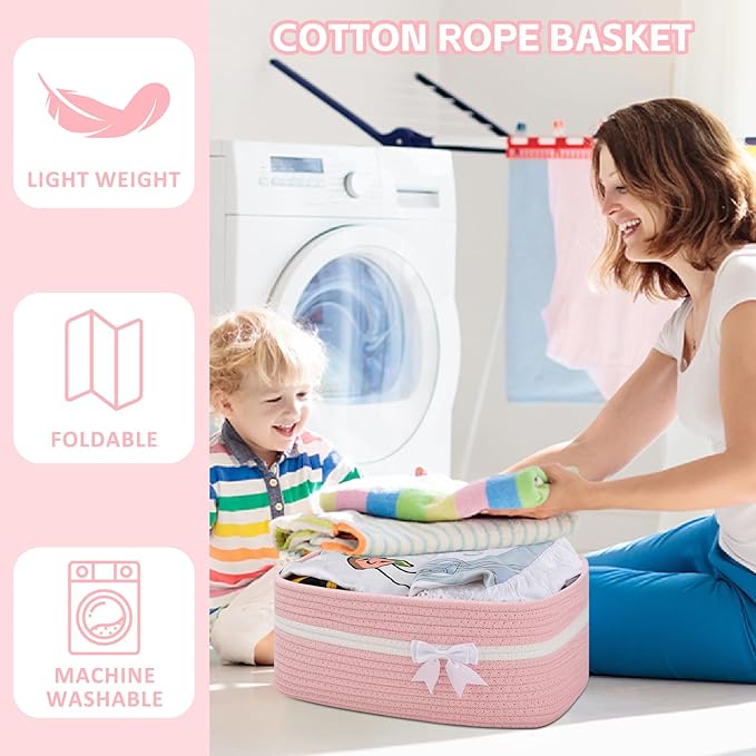 OIAHOMY Large Woven Storage Basket with Handles for Nursery Living Room Shelves, Bow Basket for Gifts Empty with Gift Bags and Ribbons for Baby Showers Pet Toy Bin - Pink