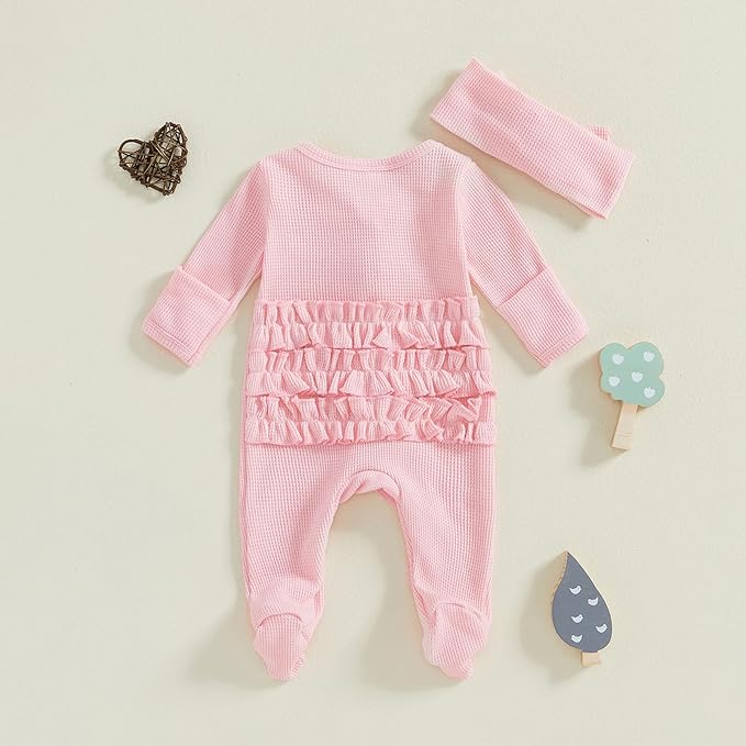 Fanvereka Newborn Infant Baby Girl Fall Outfit Romper 3 6 12 Months Girls Long Sleeve Full Length Zipper Footie Headband