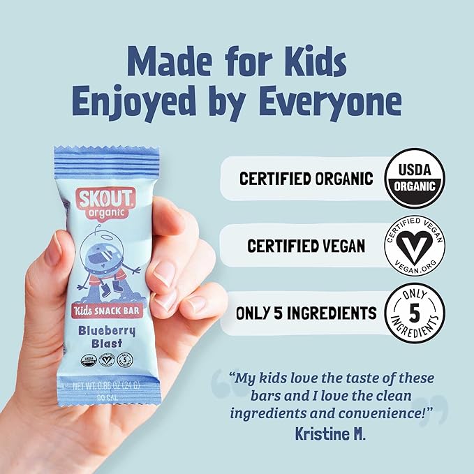 SKOUT Organic Blueberry Blast Real Kids Snack Bars (18 Pack) | Organic Kids Snack Bars | Plant-Based Nutrition, No Added Sugar | Vegan | Gluten, Dairy, Grain, Peanut, Tree Nut & Soy Free