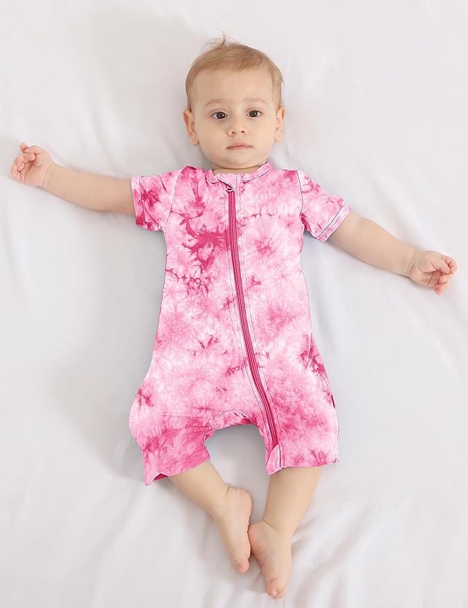 Jimonda Baby Girl Boys Rayon From Bamboo Pajamas 3 Pack Short Sleeve Footless Romper 2 Way Zipper Tie Dye Pjs Sleeper 0-24M