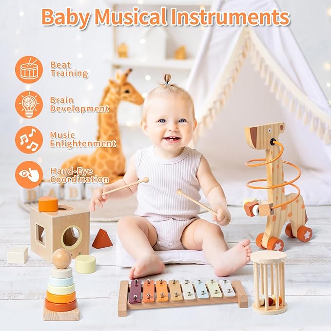 Montessori Toys for 1-3 Year Old, Baby Toys 12-18 Months, Wooden Stacking Rings Toy for Toddlers, Shape Sorting Cube, Xylophone, Preschool Sensory Developmental Educational Toy for Babies