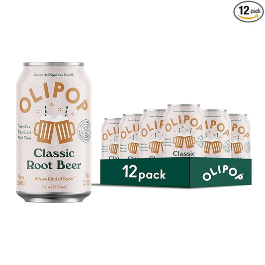 OLIPOP Prebiotic Soda Pop, Classic Root Beer, Pantry Pack Packed with Prebiotics, Fiber, and Botanicals, Gluten Free, Vegan, GMO Free, 12oz (12-Cans)