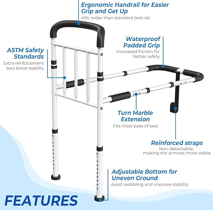 Bed Rails for Elderly Adults Safety - ASTM-Certified Adjustable Bed Cane with Non-Slip Ergonomic Handle & Storage Pocket, 2026 Upgrade 400 LBS Stable Bed Assist Rails for Seniors, Tool-Free