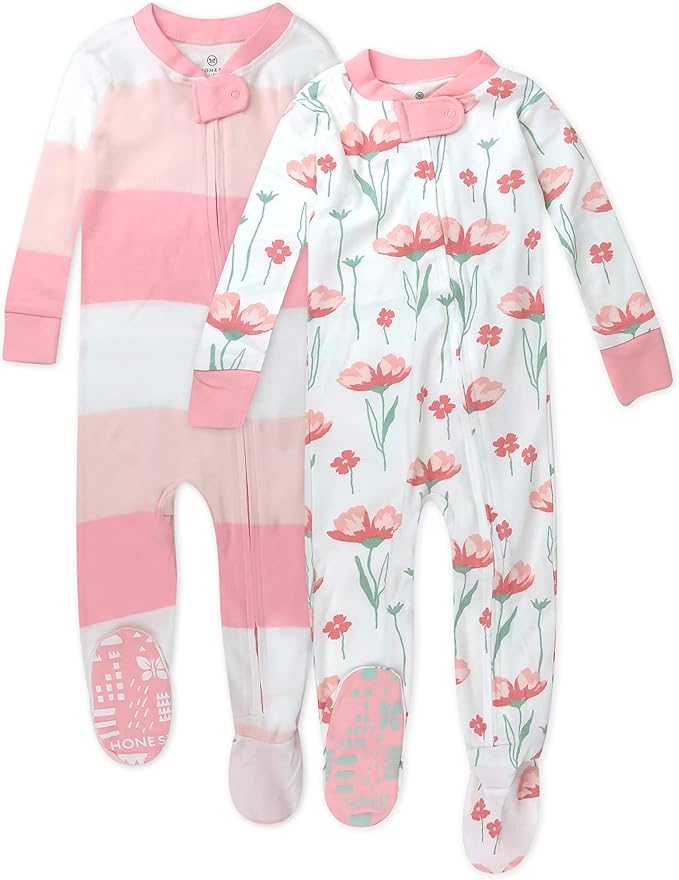 HonestBaby 2-Pack Non-Slip Footed Pajamas One-Piece Sleeper Jumpsuit Zip-Front Pjs 100% Organic Cotton for Baby Girls