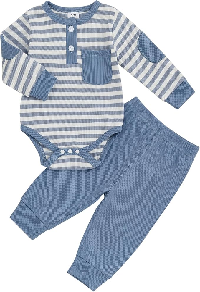 fhutpw Baby Boy Clothes 3 6 12 18 Months Ribbed Knitted Long Sleeve Romper and Pants Sets Newborn Fall Splicing Color Outfits