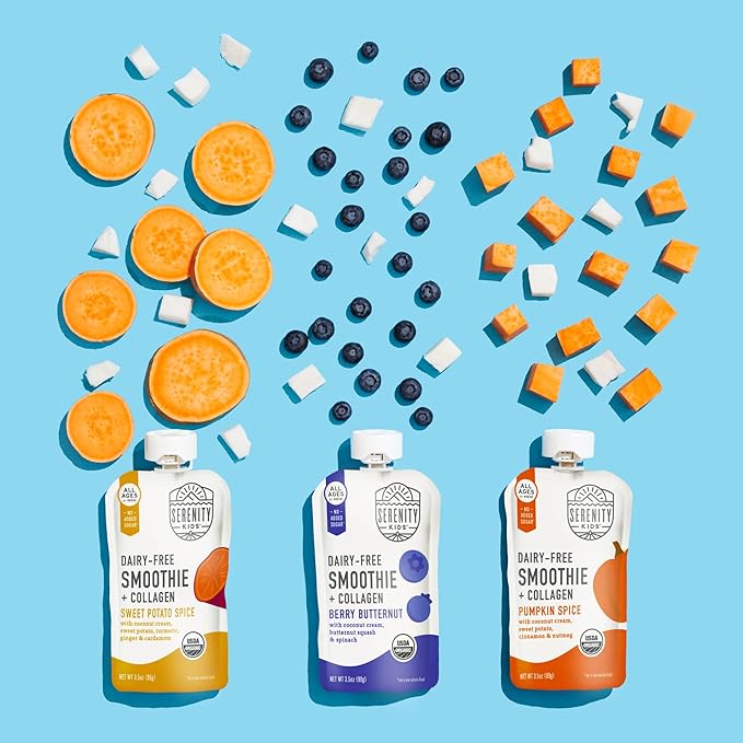 Serenity Kids 6+ Months Dairy-Free Smoothie Baby Food Pouches - BPA-Free, USDA Organic & Grass-Fed Collagen Protein - Lactose-Free Smoothie Pouches - 3.5 Oz, 8 Pack