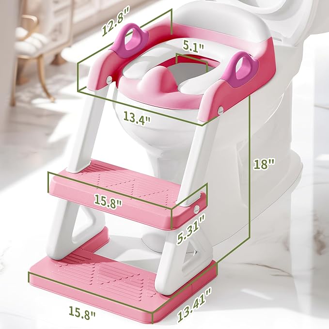 Potty Training Toilet Seat with Step Stool Ladder for Boys and Girls, 2 in 1 Potty Training Toilet, Splash Guard Anti-Slip Pad Step Stool （Pink) Pedal Upgrade