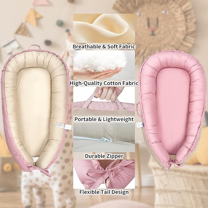 Infant Lounger, Portable Baby Nest Cover, 100% Cotton, Breathable & Reversible, Baby Lounger for Newborn, Adjustable Baby Floor Seat for Tummy Time, Essentials for Newborns (Pink)