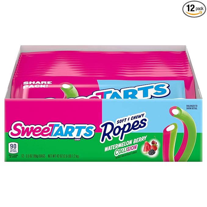 SweeTARTS Ropes, Candy, Watermelon Berry Collision, Soft and Chewy, 3.5 oz (Pack of 12)