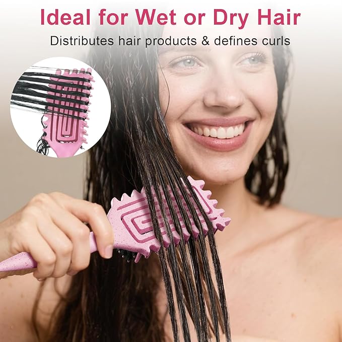 Curly Hair Brush, Curl Defining Brush with Soft Boar Bristles Detangling Tangled Glides, Wide-Teeth Design Effortlessly Shaping & Defining Curls, Curling Definer for Wet & Dry Hair (Pink)