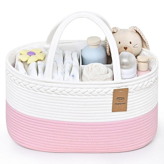 Baby Diaper Caddy Organizer, Cotton Rope Diaper Basket, Baby Basket for Changing Table, Nursery, Car, Changing Table Storage Bin With Removable Divider, Baby Shower Gifts for Newborn, Baby Essentials