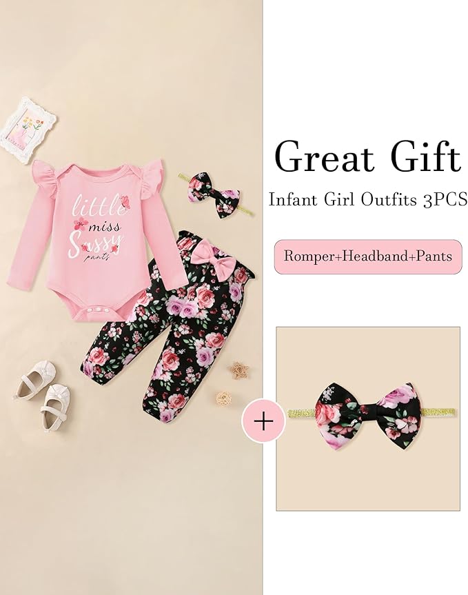 Baby Girl Clothes Newborn Infant Cotton Ruffle Romper+ Floral Pants + Headband Sets Fall Winter Outfits