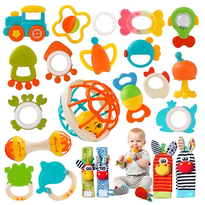 Baby Rattles 0-6 Months,Infant Sensory Teething Toys Set for 3-6 Months with Wrist Socks,Learning Developmental Toys,Perfect Baby Gift for 6-12 Months Newborn Boys Girls (Orange Rattle Set)