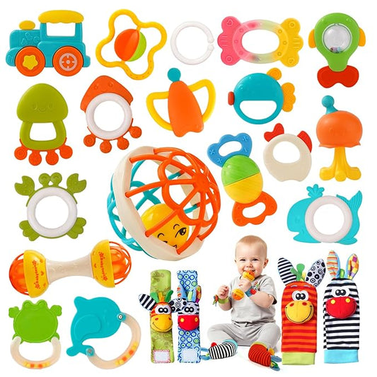 Baby Rattles 0-6 Months,Infant Sensory Teething Toys Set for 3-6 Months with Wrist Socks,Learning Developmental Toys,Perfect Baby Gift for 6-12 Months Newborn Boys Girls (Orange Rattle Set)