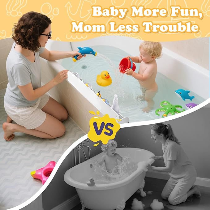 24 Inch Bathtub Splash Guard with 10 Suction Cups, Silicone Tub Water Splash Guard for Bathtub, Bath Toy Tray Holder Play Shelf for Kids, Universal for Bathroom, Kitchen Sink (White)