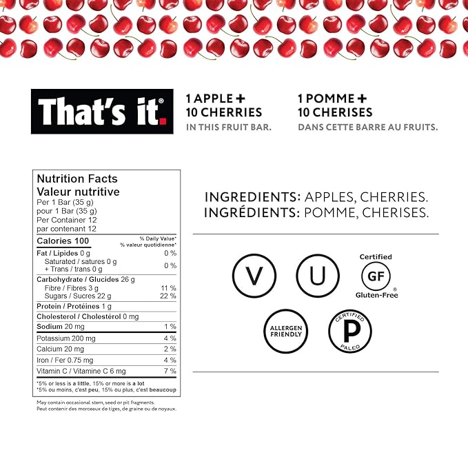 That's it. Apples + Cherry 100% Natural Real Fruit Bar, Best High Fiber Vegan, Gluten Free Healthy Snack, Paleo for Children & Adults, Non GMO Sugar-Free, No preservatives Energy Food, 12 Count (Pack of 1)