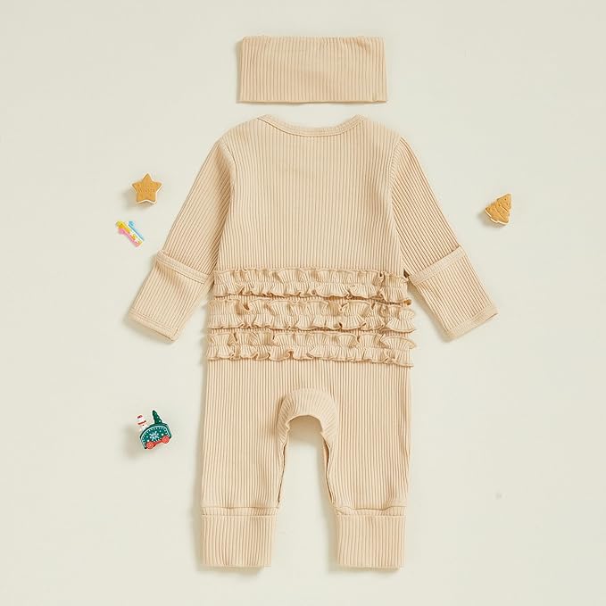 Newborn Baby Girls Rompers Knit Round Neck Long Sleeve Infant Fall Jumpsuits with Headband Coming Home Outfit