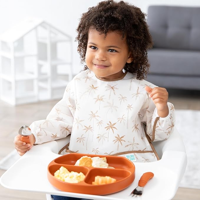 Bumkins Sleeved Bib for Girl or Boy, Baby and Toddler for 6-24 Mos, Essential Must Have for Eating, Feeding, Baby Led Weaning Supplies, Long Sleeve Mess Saving Food Catcher, Soft Fabric, Palm Trees