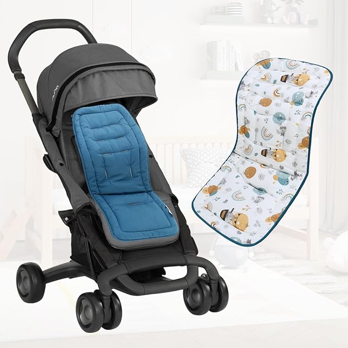 Baby Stroller Cushion,Infant Car Seat Insert-Reversible Universal Breathable and Soft Newborn Stroller Mat,100% Cotton Cover Toddler Seat Pad Liner-34x78cm,1 Pack(Rainbow Balloon+Blue)