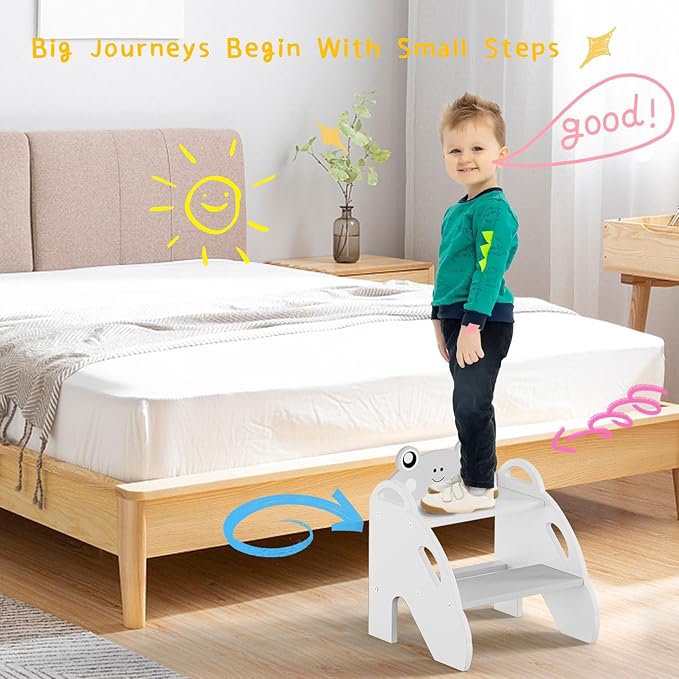 Frog-Themed Toddler Step Stool, 2-Step Stool for Bathroom Sink & Potty Training, Kids Kitchen Helper Stool with Safety Handles (Natural Wood, 120lbs Capacity),Gray