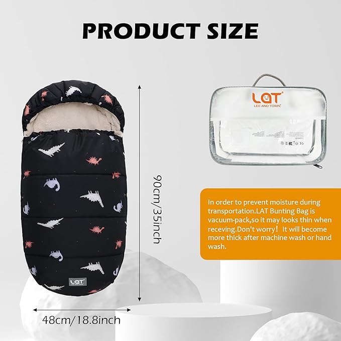 LAT Baby Warm Bunting Bag Universal,Stroller Sleeping Bag Cold Weather,Waterproof Toddler Footmuff(Detachable,Black Dinosaur)