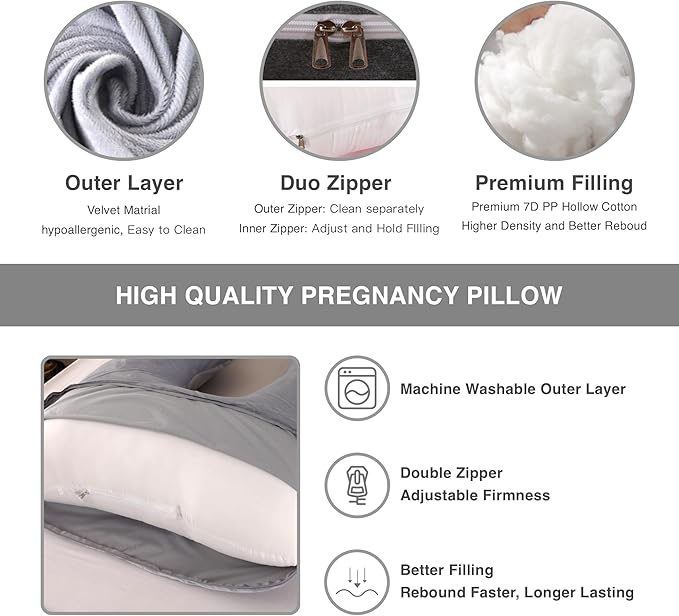 Pregnancy Pillow, Full Body Maternity Pillow 57 inch, with Removable Washable Cover - Sleep Support for Legs, Back, Neck, Shoulder, HIPS, Belly for Pregnent Women, Velvet Cover(Grey)