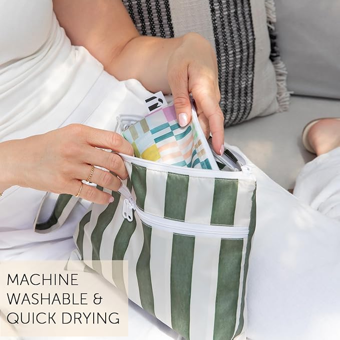 Roamio Waterproof Wet Dry Clutch Bag for Baby, Travel, Swim Suit, Cloth Diaper, Pump Parts, Pool, Gym Clothes, Beach, Toiletry, Hook to Stroller, Pack for Daycare, Zip Bag, Packing Pouch, Green Stripe