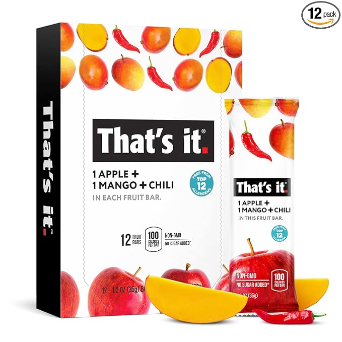 That's it. Apple+Mango+Chili 100% Natural Great Tasting Real Dried Fruit Bar, Vegan, Gluten Free, Paleo, Kosher, Non GMO, No Preservatives, No Added Sugar (12 Packs)