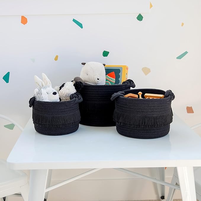 NaturalCozy 3-Piece Decorative Storage Basket Set – Black Cotton Rope Small Woven Baskets for Organizing for Nursery Baby Stuff, Gift, Vanity, Montessori, Dog Cat Toy Bin, Planter, Bathroom Shelves