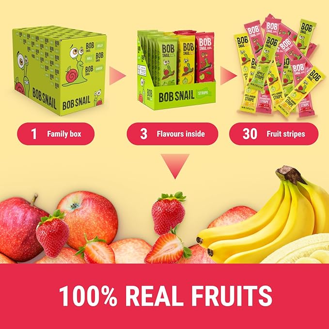 BOB SNAIL Healthy Organic Fruit Snacks for Kids and Adults – 30 Organic Fruit Leather Snacks with Apple, Banana, Strawberry – Vegan Low-Carb Variety Pack Strips for Kids – Sugar Free Jerky Bars