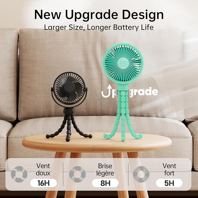 GUSGU Stroller Fan Clip on for Baby, Flexible Tripod & Rechargeable Battery, Small Personal Fan, Mini Portable Fan for Travel, Handheld, Car (Green)