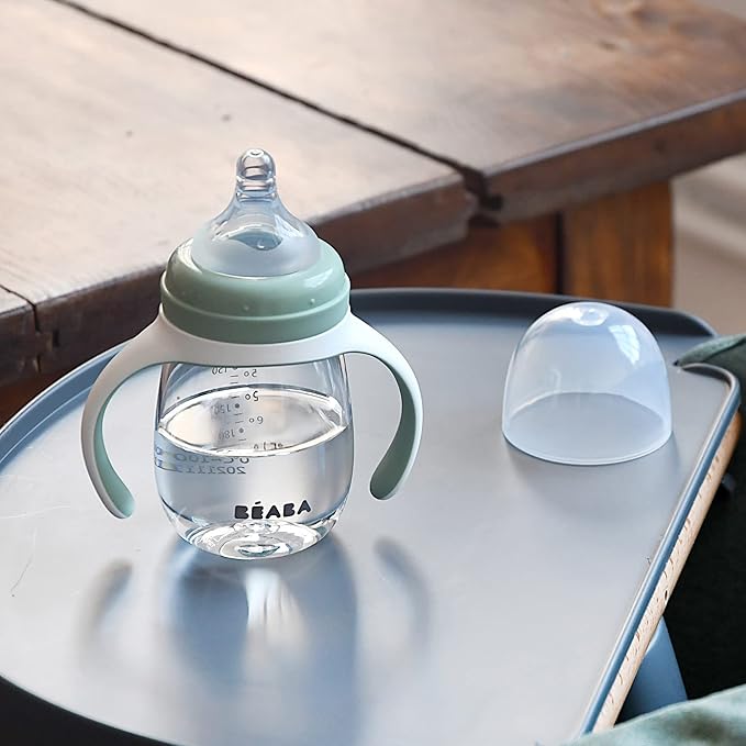 BEABA 2-in-1 Baby Bottle to Transition Sippy Cup, No Spill Sippy Cup, Includes Removable Handles, Silicone Baby Bottle Nipple and Soft Spout, 7 oz (Sage)
