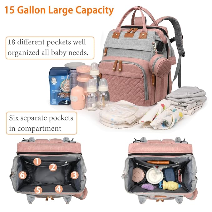 Baby Diaper Bags with Changing Station, Waterproof Diaper Bag Backpack for Moms Dads with USB Charging Port, Baby Shower Gifts, Large Capacity diaper backpack, Grey Pink