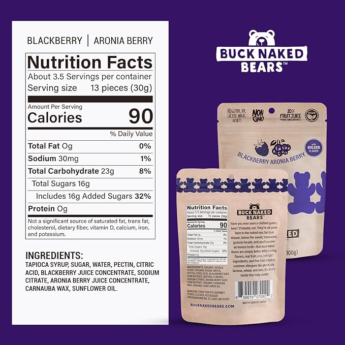 Buck Naked Bears - Blackberry Aronia Gummy Bears - Soft, Smooth & Sweeter Like a Fruit Snack - Plant-Based, Vegan, Non-GMO - Non-GMO - 3.5oz (3-Pack)