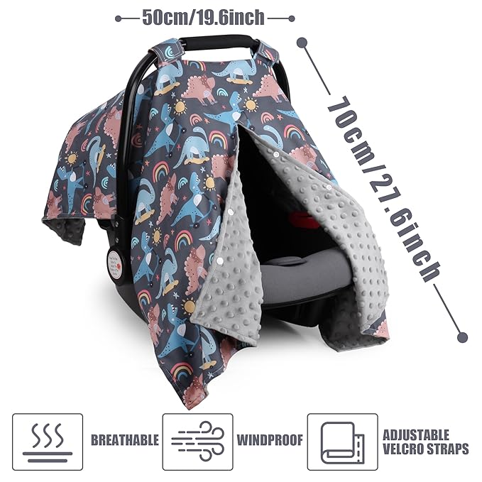 Metplus 2 in 1 Dinosaur Baby Car Seat Cover, Car Seat Canopy for Babies, Mom Multiuse Nursing Cover, Minky Baby Carrier Covers, Newborn Boy Girl, Peekaboo Opening