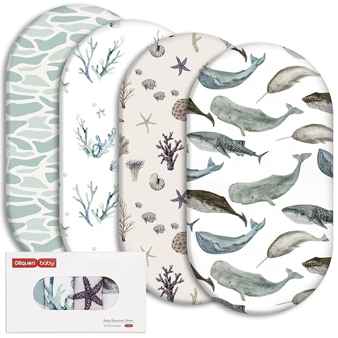 Gllquen Baby Bassinet Sheets 4 Pack, Breathable Cozy Fitted Mattress Sheet, Elastic Travel Crib Fashionable Pattern, Standard Cradle Safe Sheets for Baby Boys Girls 32"x16" (Marine)