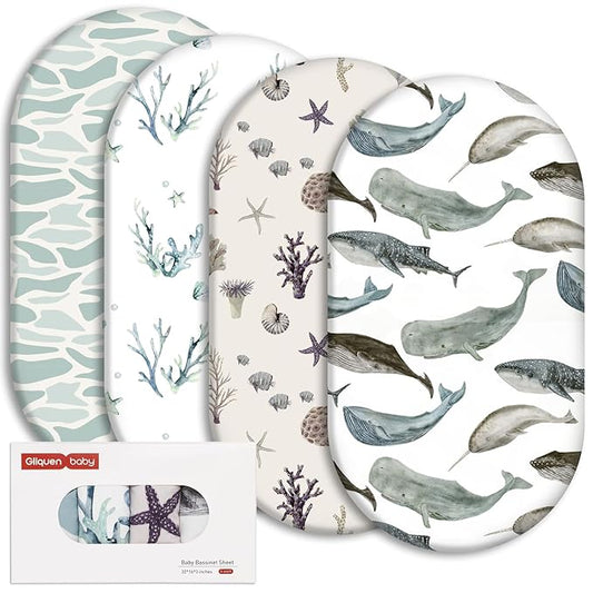 Gllquen Baby Bassinet Sheets 4 Pack, Breathable Cozy Fitted Mattress Sheet, Elastic Travel Crib Fashionable Pattern, Standard Cradle Safe Sheets for Baby Boys Girls 32"x16" (Marine)