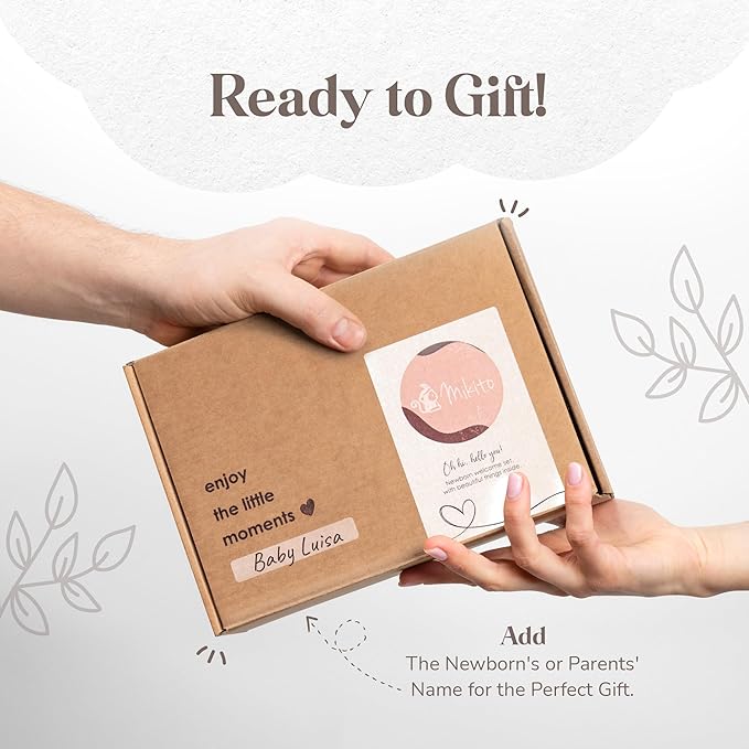 Mikito Organic Cotton Newborn Gift Box, Unisex Baby Gift Set incl. Muslin Lovey Comforter + Bandana Bib + Wooden Teether + Birth Announcement Sign