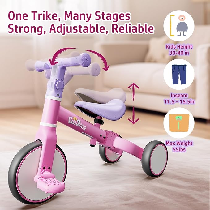 5-in-1 Toddler Balance Bike & Tricycle, Learn-to-Ride Toy for 18 Months to 4 Years, Outdoor & Indoor Ride-On for Gross Motor Skills, Birthday Gift Bike for Girls 2-4 Year Olds – Pink