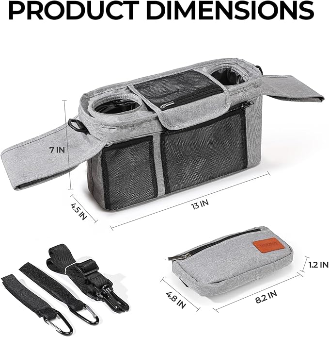 Universal Stroller Organizer with Cup Holder & Detachable Wristlet Large Baby Stroller Bag for Mom, Uppababy, Baby Jogger, Britax, BOB & Umbrella Strollers (Grey)