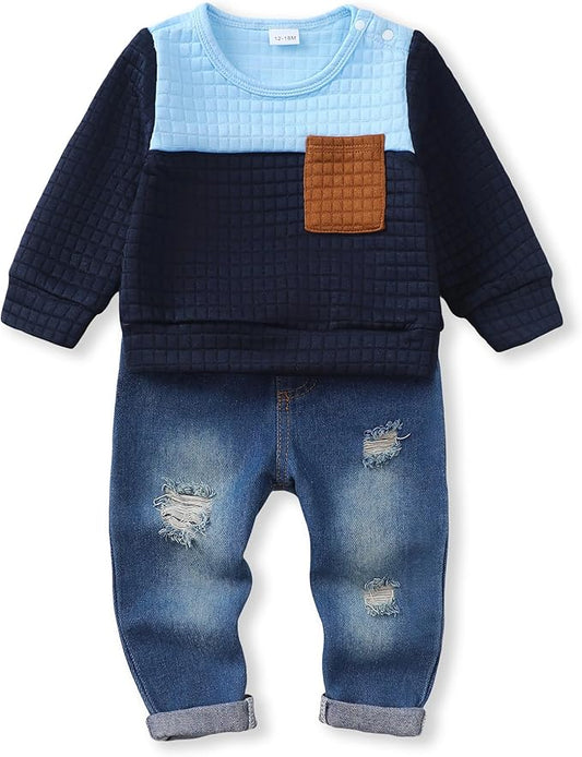 NZRVAWS Toddler Baby Boy Clothes Pullover Sweater Ripped Jean Sweatsuit Little Boy Outfit Fall Winter Clothing Set 6M-7T