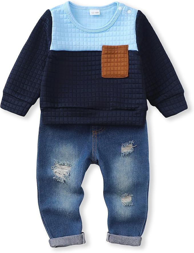 NZRVAWS Toddler Baby Boy Clothes Pullover Sweater Ripped Jean Sweatsuit Little Boy Outfit Fall Winter Clothing Set 6M-7T